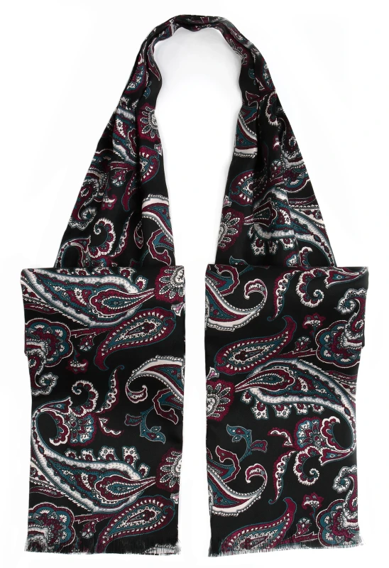 Black silk ascot with a white and burgundy paisley pattern
