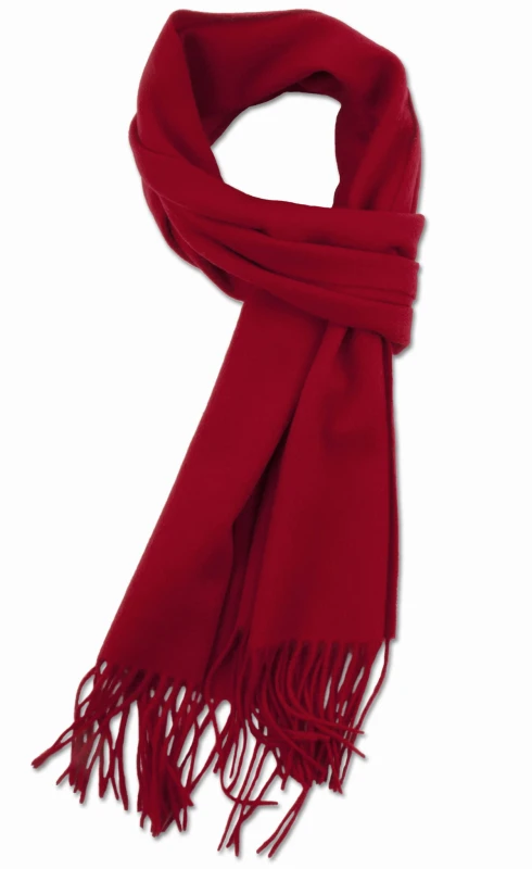 Solid red wool scarf. Chunky and delicate, finished with fringes along the edge
