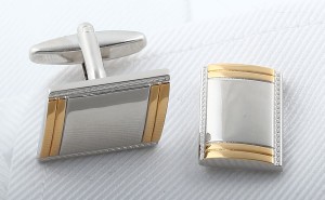 Rectangular cufflinks with diagonal gold and silver stripes