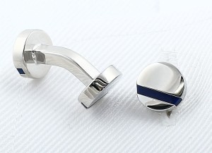 Slight round cufflinks with navy blue stripe