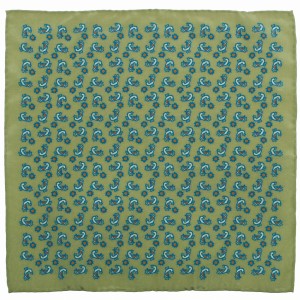 Olive silk pocket square with a red and blue paisley pattern