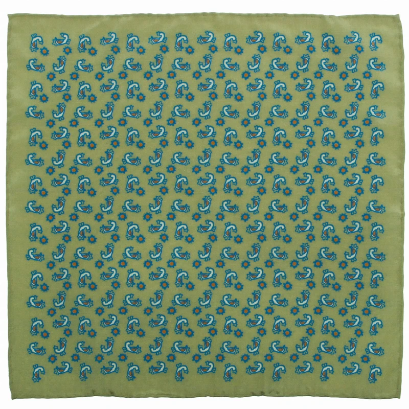 Olive silk pocket square with a red and blue paisley pattern