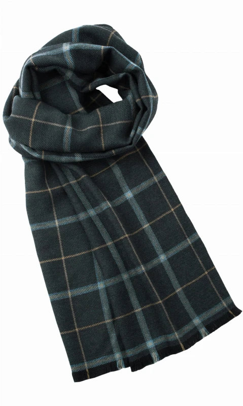ouble-sided dark grey wool scarf in a checkered pattern
