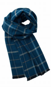 Double-sided dark navy wool scarf in a windowpane check. One side features a checked fabric, while the other side is solid navy blue
