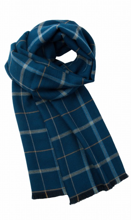 Double-sided dark navy wool scarf in a windowpane check. One side features a checked fabric, while the other side is solid navy blue