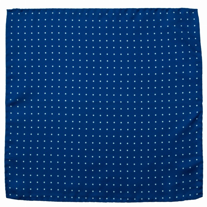 Navy blue silk pocket square with white polka dots