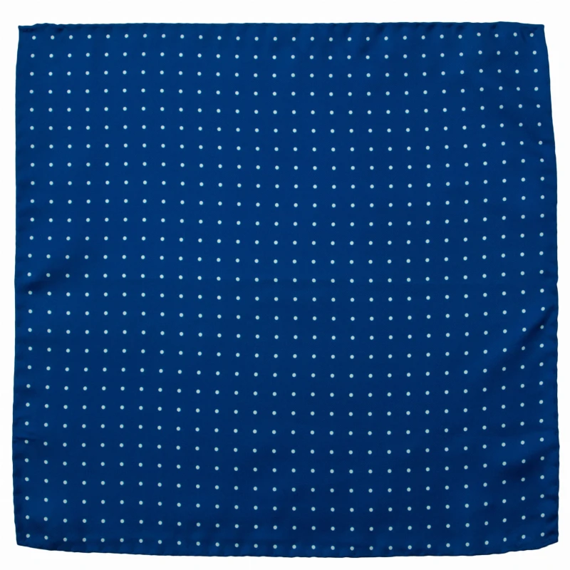 Navy blue silk pocket square with white polka dots