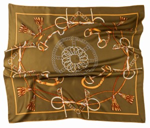 Khaki silk scarf with a classic rusty pattern