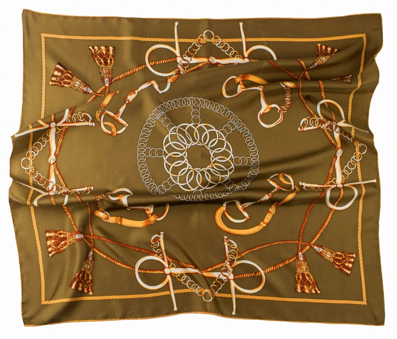 Khaki silk scarf with a classic rusty pattern