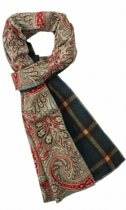 Double-sided wool scarf with an oriental pattern on one side and a windowpane check on the other
