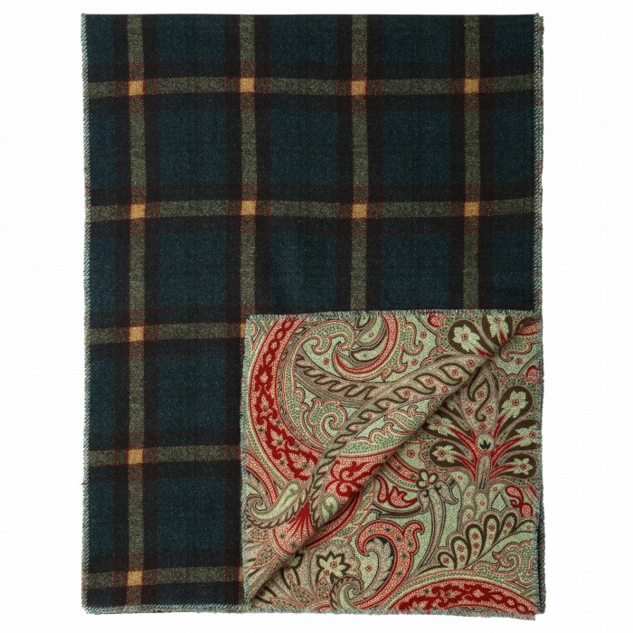 Double-sided wool scarf with an oriental pattern on one side and a windowpane check on the other