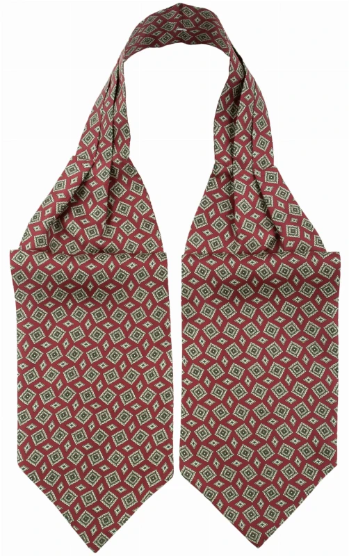 Dark red ascot with a geometric pattern in yellow and green rhombuses