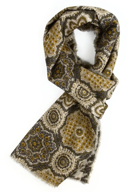 Reversible cashmere blend scarf in shades of khaki, gray, and beige. Soft and plush, made from a wool-cashmere blend