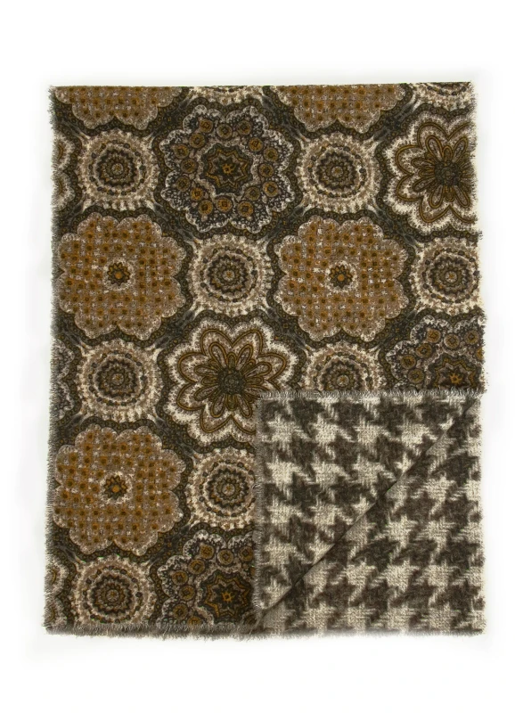 Reversible cashmere blend scarf in shades of khaki, gray, and beige. Soft and plush, made from a wool-cashmere blend