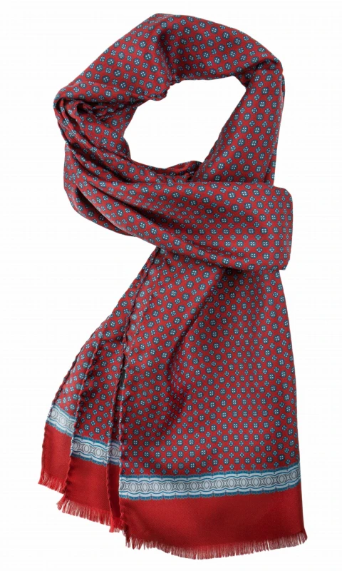 Red silk scarf with a blue and blue floral pattern