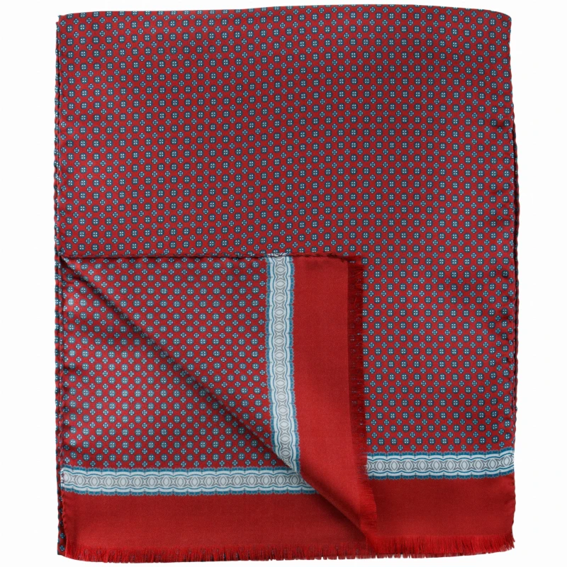 Red silk scarf with a blue and blue floral pattern