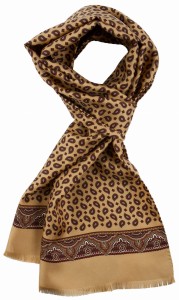 Beige silk scarf with a small brown-red paisley pattern and a fancy border