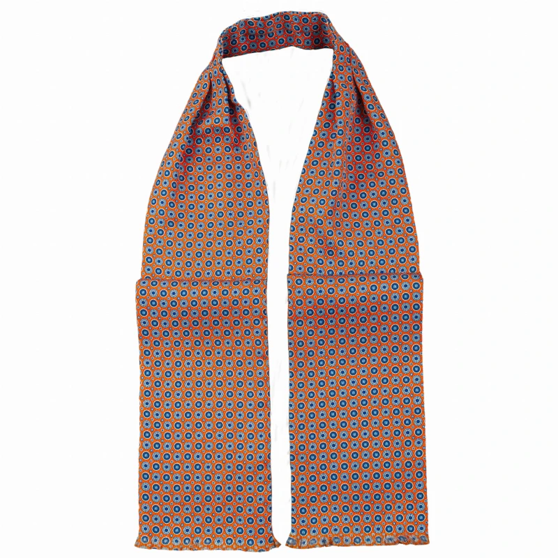 Orange silk ascot with large and small blue circles