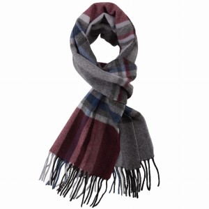 Wool-cashmere scarf in a large check pattern with burgundy and grey tones