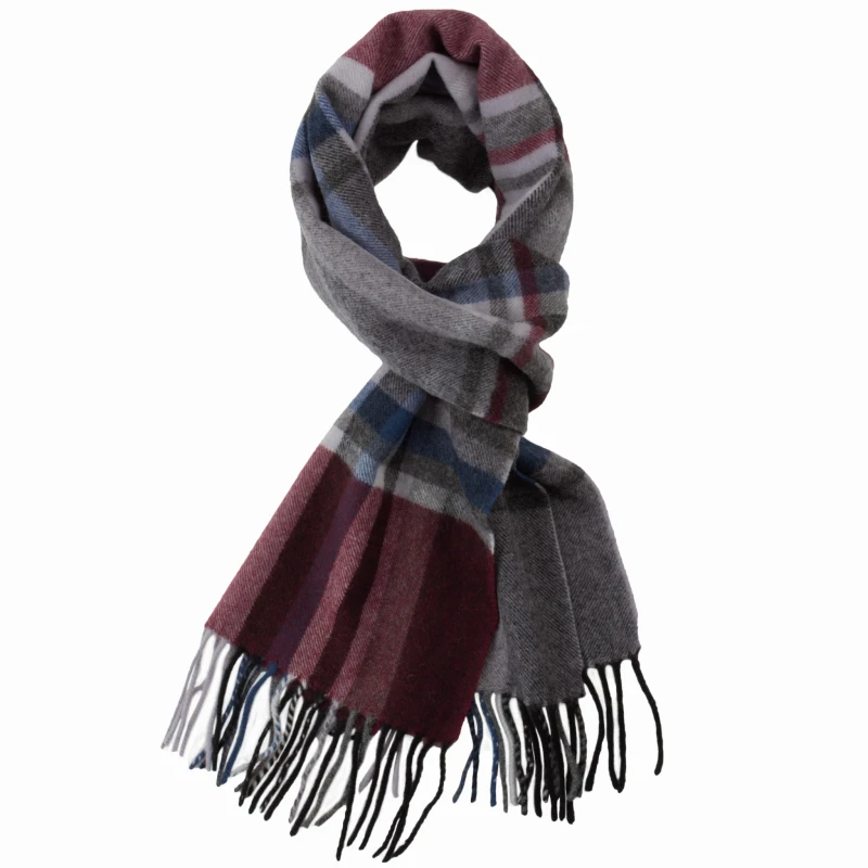 Wool-cashmere scarf in a large check pattern with burgundy and grey tones