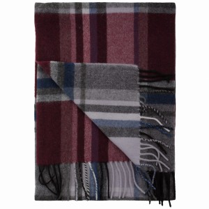 Wool-cashmere scarf in a large check pattern with burgundy and grey tones