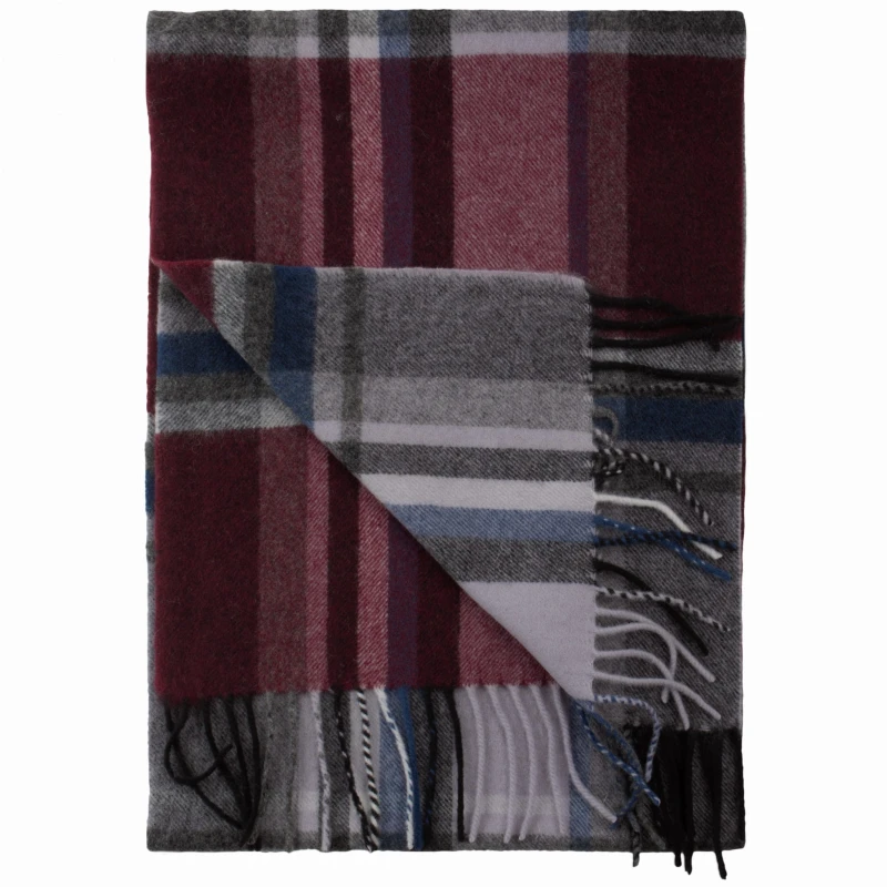 Wool-cashmere scarf in a large check pattern with burgundy and grey tones