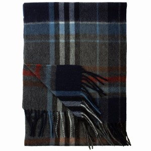 Wool-cashmere scarf in a gray and navy checkered pattern, made from soft, fluffy wool with a touch of cashmere