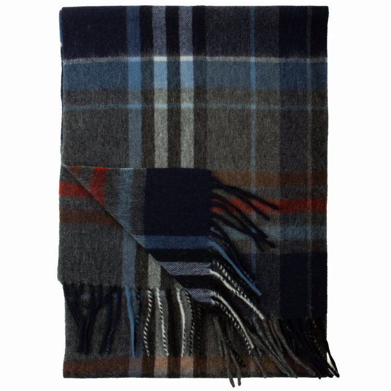 Wool-cashmere scarf in a gray and navy checkered pattern, made from soft, fluffy wool with a touch of cashmere