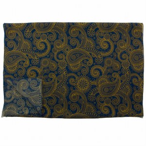 Navy blue woolen scarf with a yellow oriental pattern