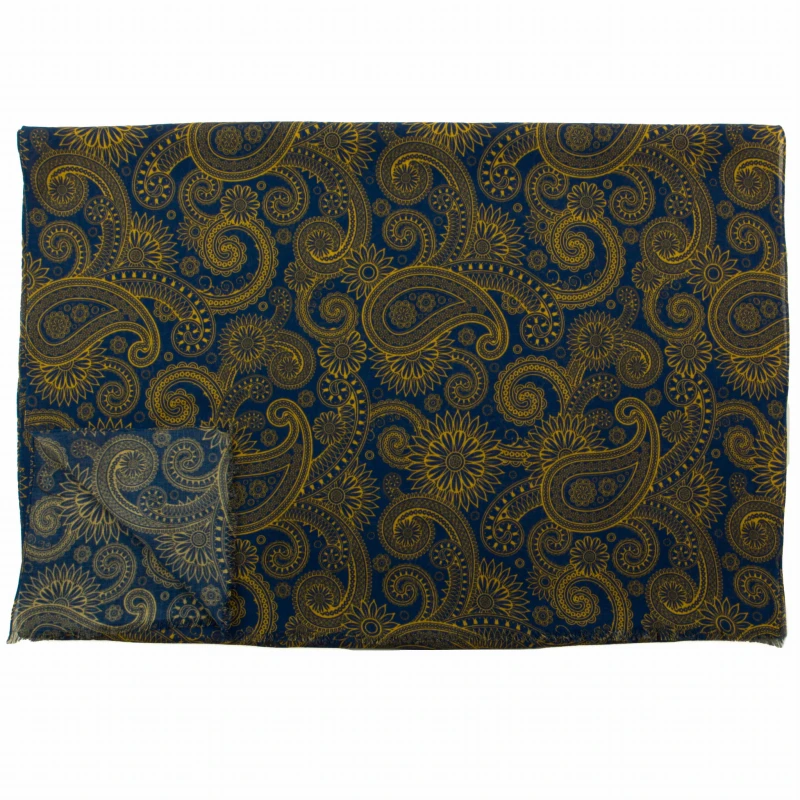 Navy blue woolen scarf with a yellow oriental pattern