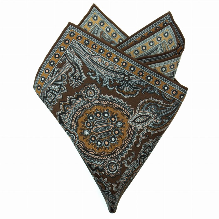 Brown silk pocket square with an oriental pattern