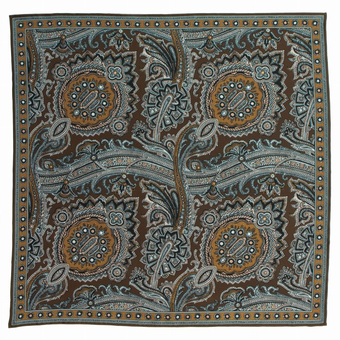 Brown silk pocket square with an oriental pattern