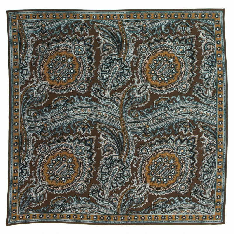 Brown silk pocket square with an oriental pattern