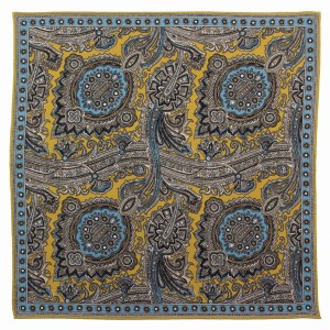 Mustard silk pocket square with an oriental pattern