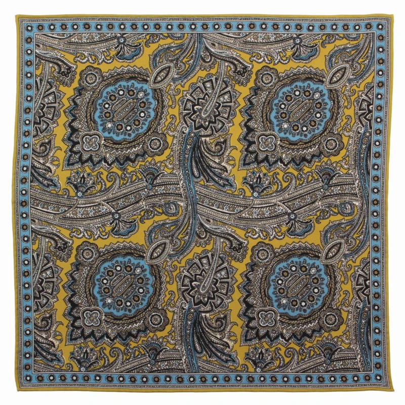 Mustard silk pocket square with an oriental pattern