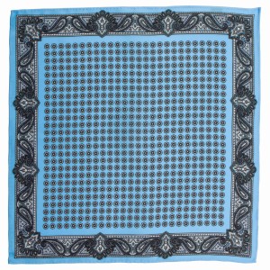 Blue silk pocket square with a geometric pattern and border