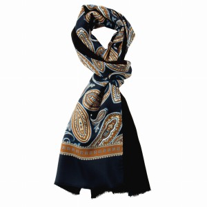 Navy blue silk paisley scarf with wool lining