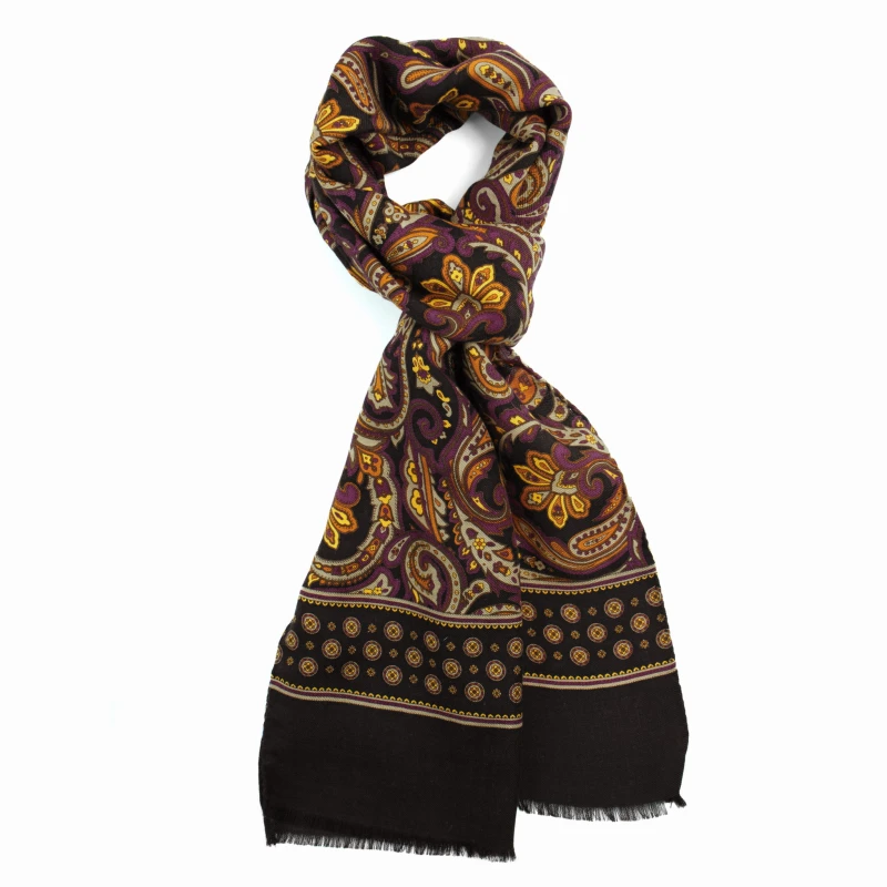 Dark brown woolen scarf with a yellow and purple plant pattern