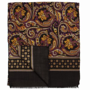 Dark brown woolen scarf with a yellow and purple plant pattern
