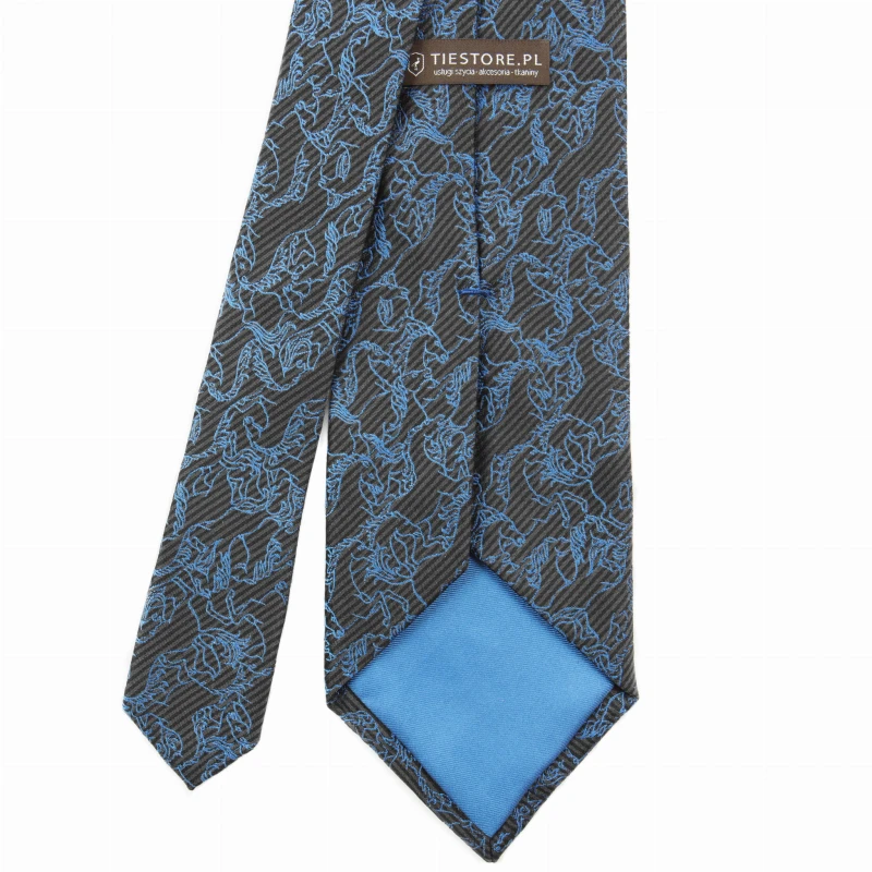 Silk graphite jacquard tie with blue colored  horses