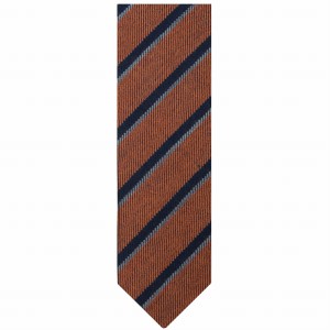 Orange cashmere tie with gray and navy blue stripes