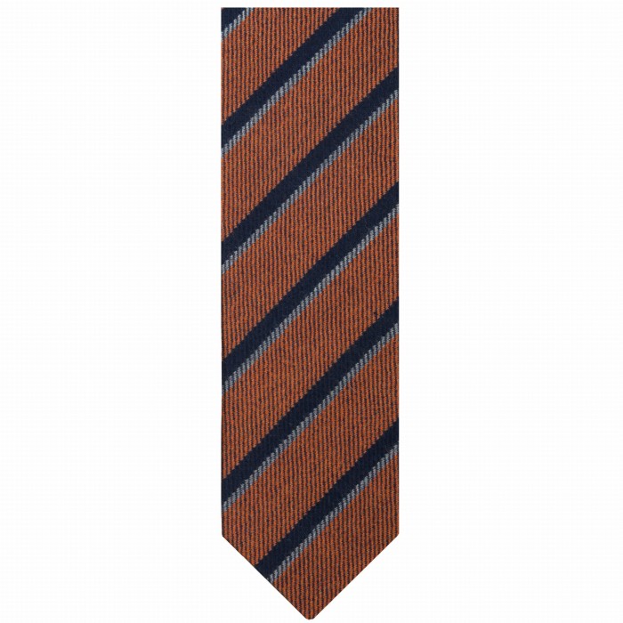 Orange cashmere tie with gray and navy blue stripes