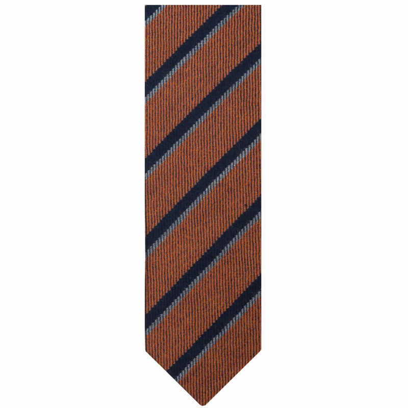 Orange cashmere tie with gray and navy blue stripes