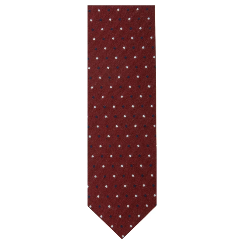 Burgundy woolen tie with white and navy blue polka dots
