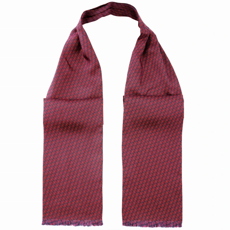 Silk navy blue ascot with rhomboids and small squares in red color