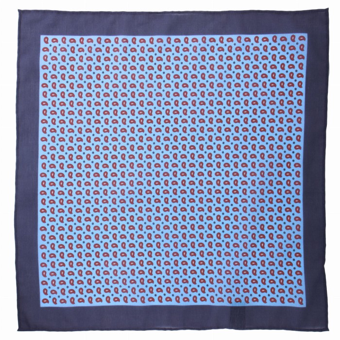Navy blue cotton and silk pocket square with a paisley pattern