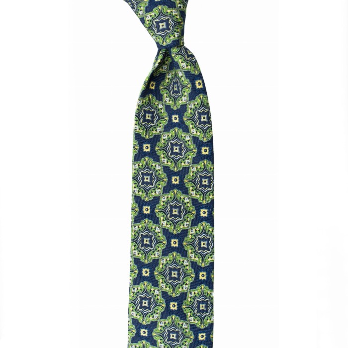 Navy blue silk tie with large medallions