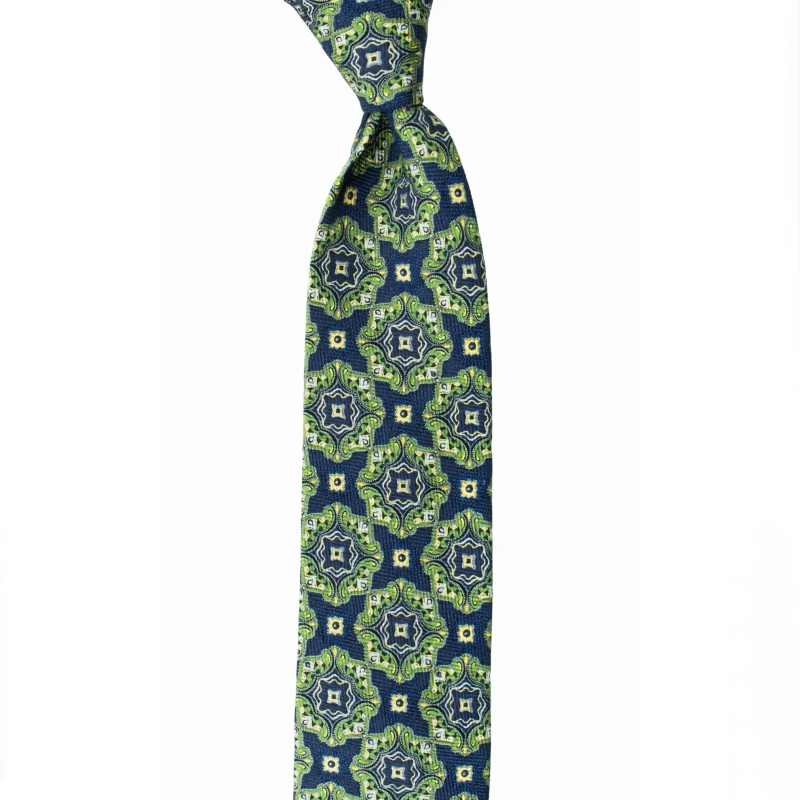 Navy blue silk tie with large medallions