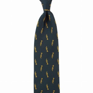 Dark navy blue silk jacquard tie with gold trumpets