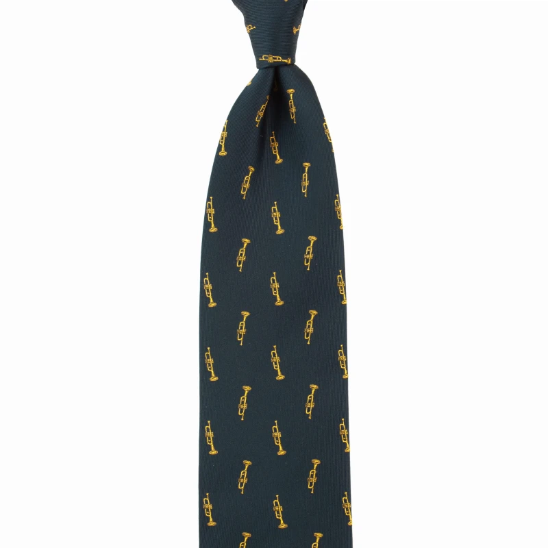 Dark navy blue silk jacquard tie with gold trumpets